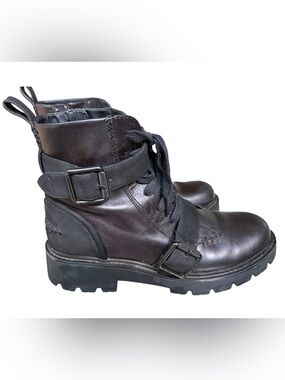 Ugg Noe Combat Moto Leather Black Lug Sole Buckle Boot Women Sz 8 Military Cop